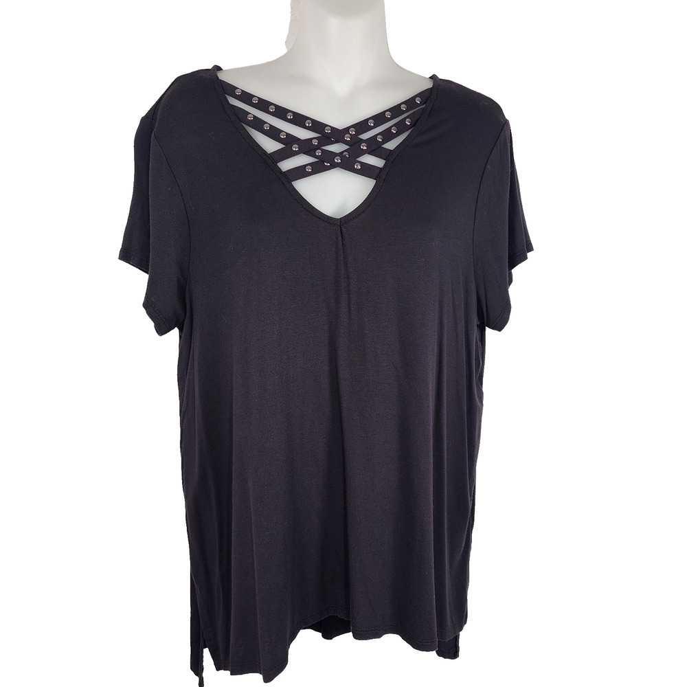 Rock & Republic Women's Top Black Studded Strappy Criss Cross V Neck Large Goth